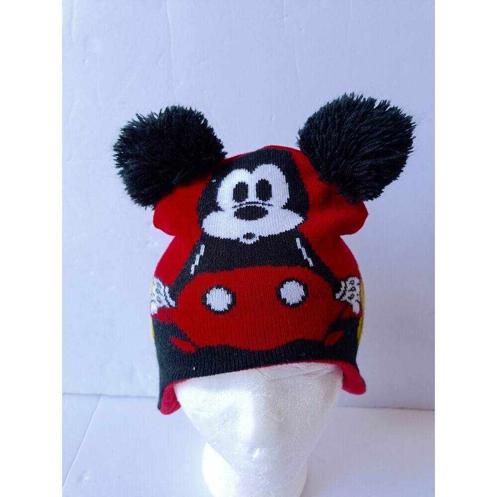 Mickey Mouse Beanie Toddler Fleece Lined Red Pom Pom 9 Inches - Picture 2 of 8